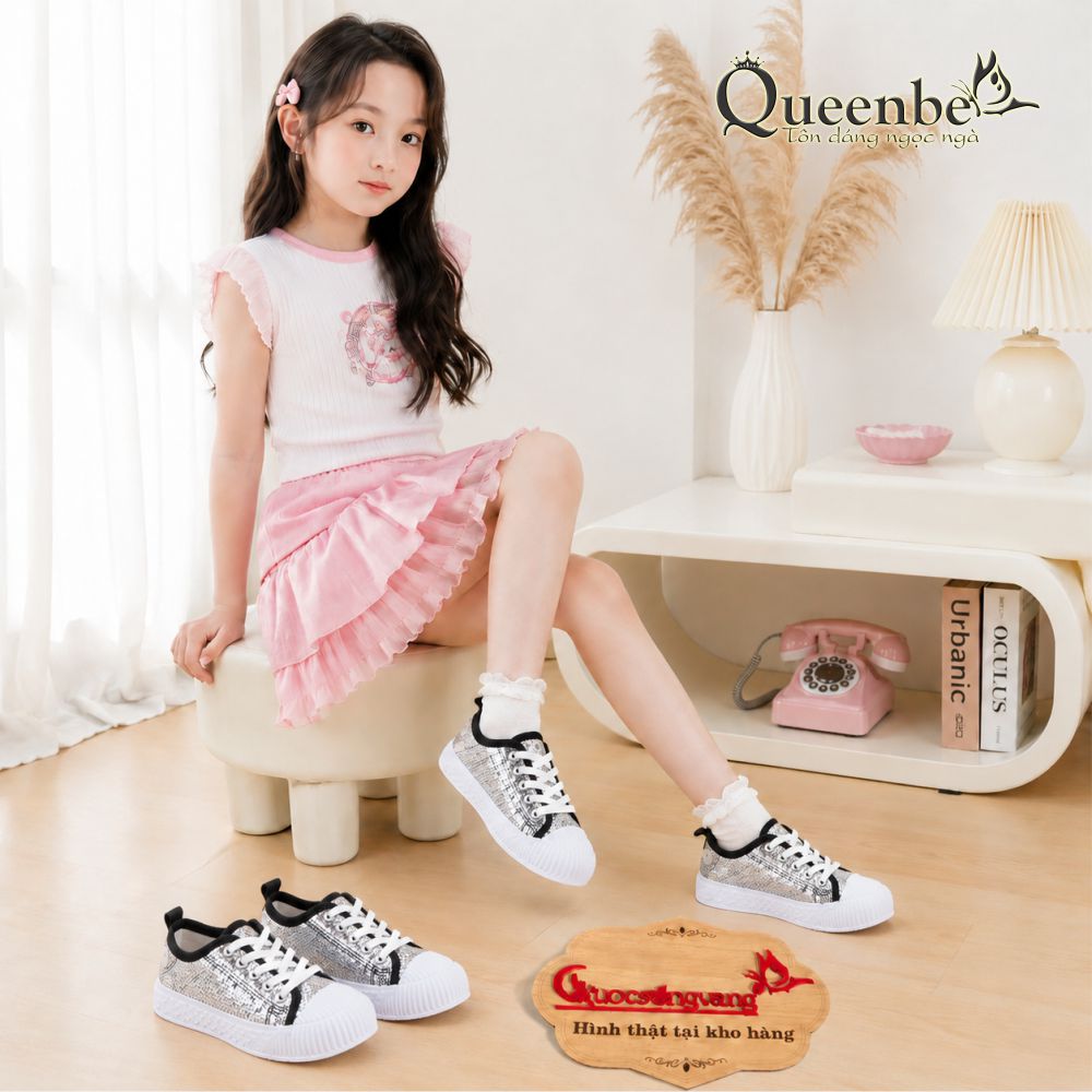 Giày thể thao bé gái đính cườm Queenbe GLG119 đế êm thoáng khí