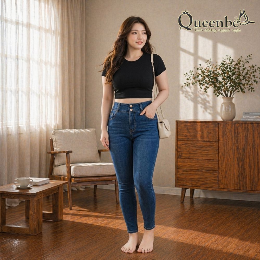 Quần Jean nữ skinny lưng cao vừa big size dáng ôm Queenbe GLQ054