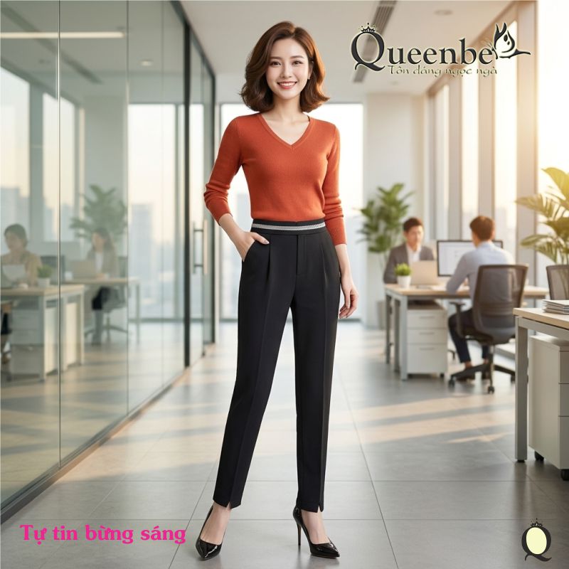 Quần baggy nữ công sở lưng thun lưng cao Queenbe GLQ172 big size vải cotton co giãn 4 chiều