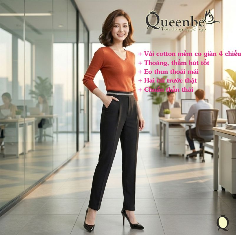 Quần baggy nữ công sở lưng thun lưng cao Queenbe GLQ172 big size vải cotton co giãn 4 chiều