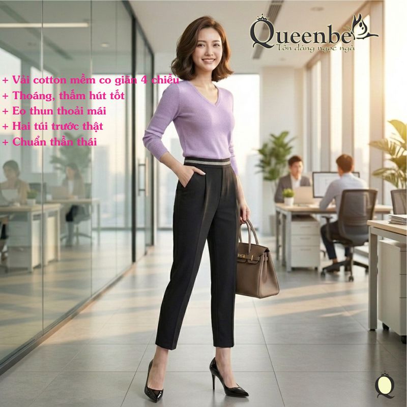 Quần baggy nữ công sở lưng thun lưng cao Queenbe GLQ172 big size vải cotton co giãn 4 chiều