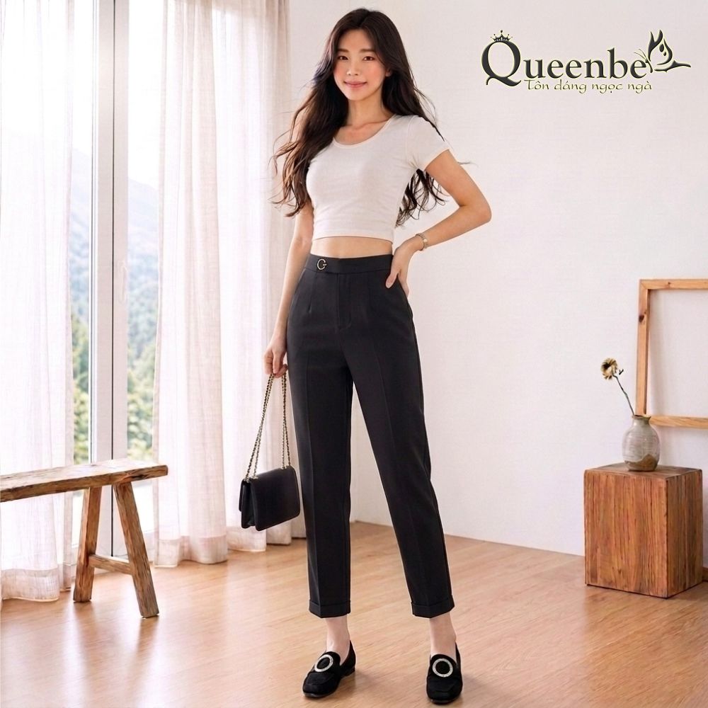 Quần baggy nữ ống lỡ kiểu cổ điển Queeenbe GLQ037 vải cotton pha trộn