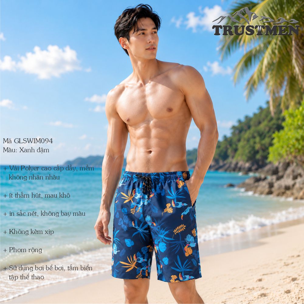 Quần bơi nam phom rộng Trustmen GLSWIM094 vải ít thấm hút mau khô in tinh tế