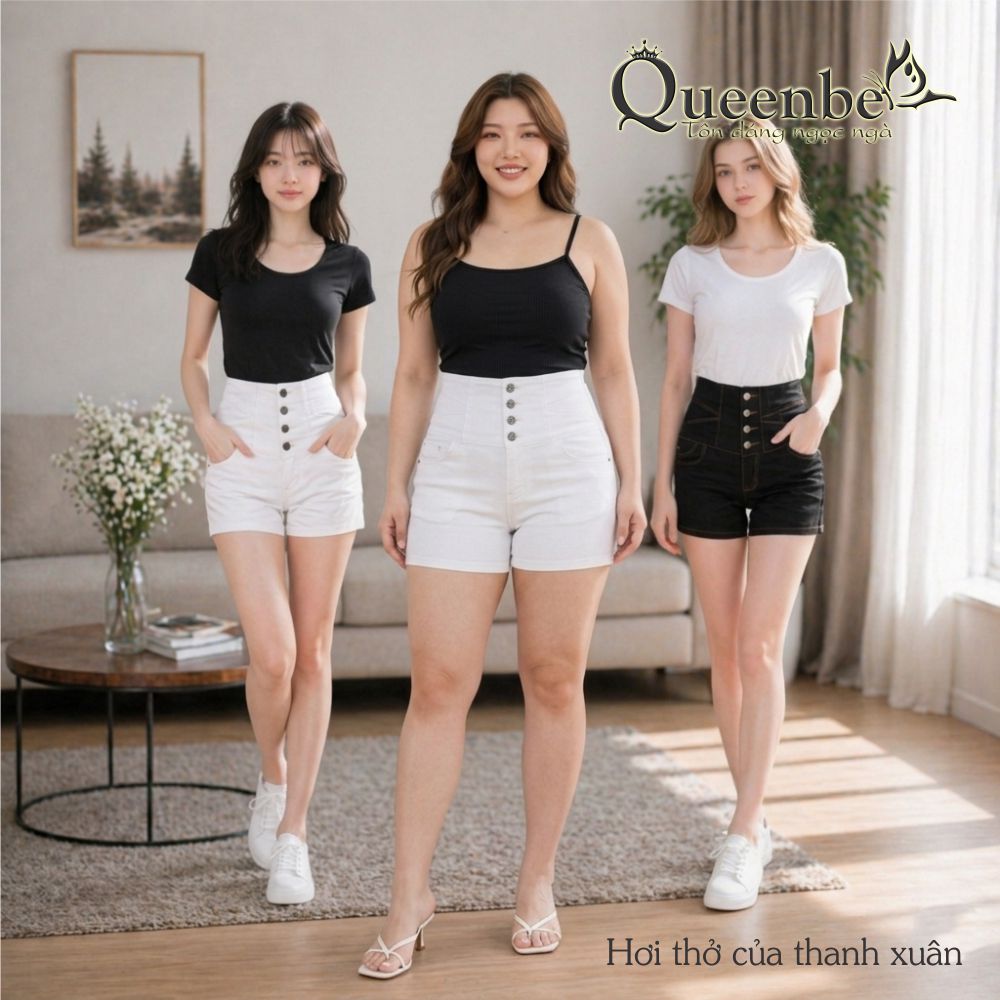 Quần đùi jean lưng cao nhiều nút big size S-5XL Queenbe GLQ079 vải jean cotton co giãn, thông thoáng