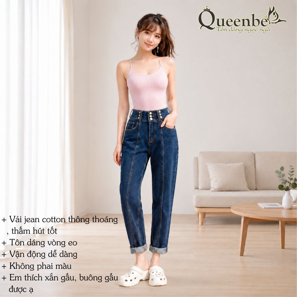 Quần jean baggy thụng nhiều nút lưng cao có big size Queenbe GLQ169 vải jean cotton thông thoáng, bền màu