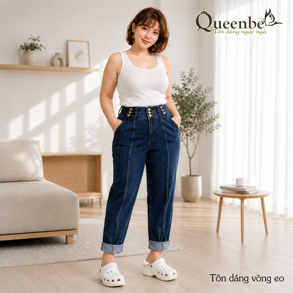 Quần jean baggy thụng nhiều nút lưng cao có big size Queenbe GLQ169 vải jean cotton thông thoáng, bền màu