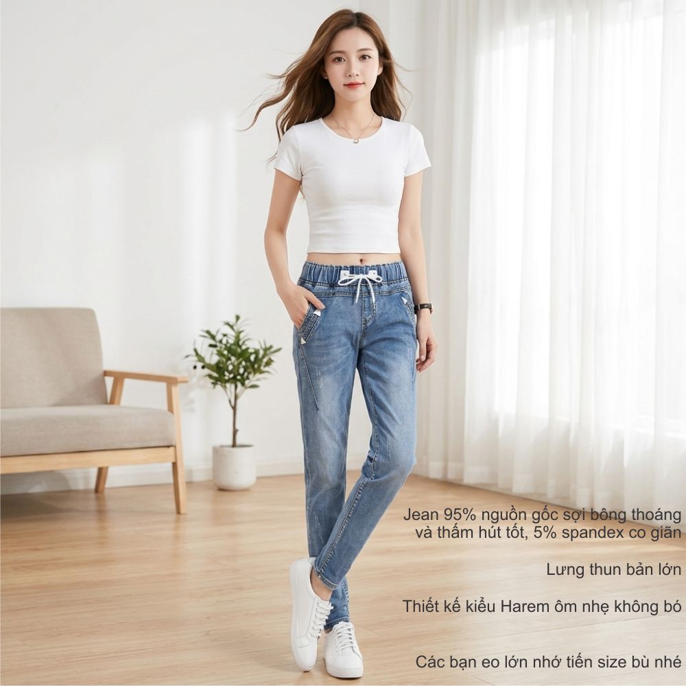 Quần jean harem lưng thun lưng cao Queenbe GLQ018 vải jean từ sợi bông