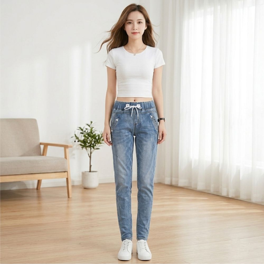 Quần jean harem lưng thun lưng cao Queenbe GLQ018 vải jean từ sợi bông