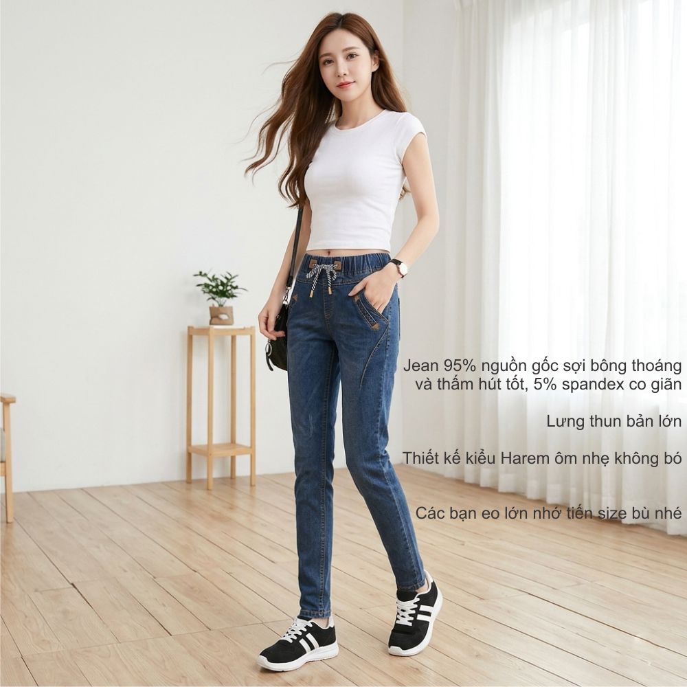 Quần jean harem lưng thun lưng cao Queenbe GLQ018 vải jean từ sợi bông