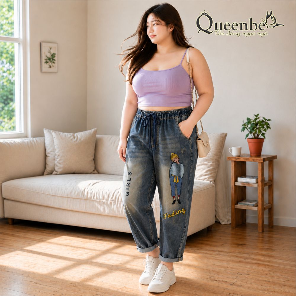 Quần jean kiểu nhật thêu có big size Queenbe GLQ146 vải jean cotton thêu