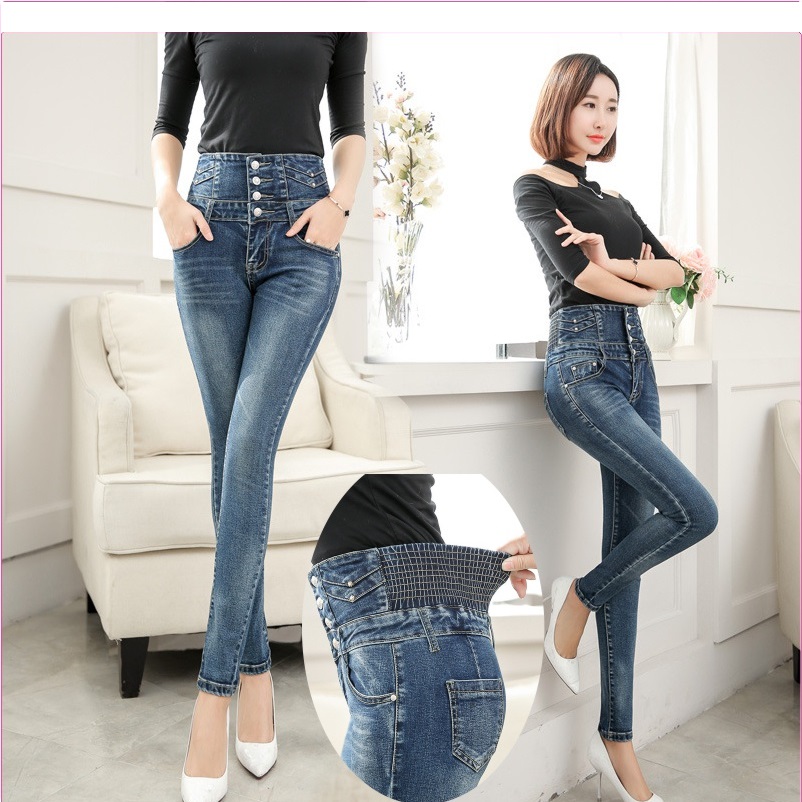 Quần jean lưng cao lưng thun Queenbe GLQ025 bốn nút jean cotton mềm thoáng