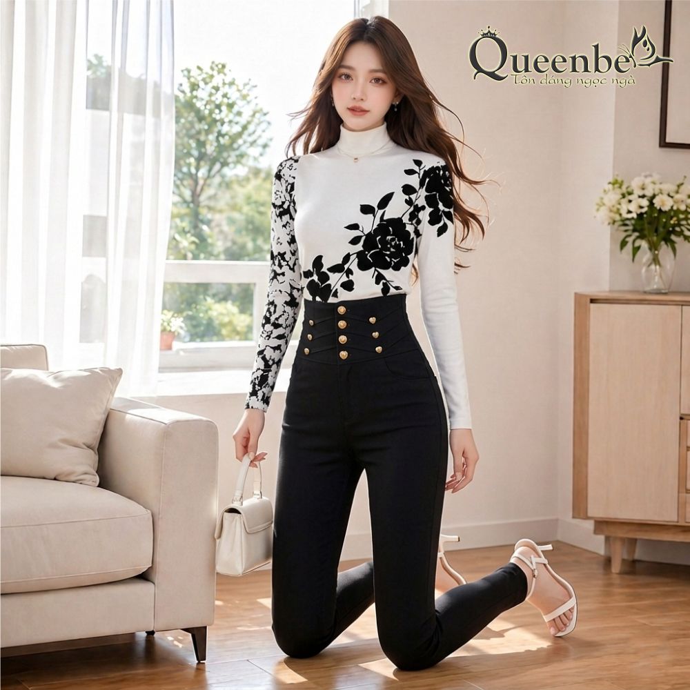 Quần jean lưng cao tôn dáng lót lông Queenbe GLQ173