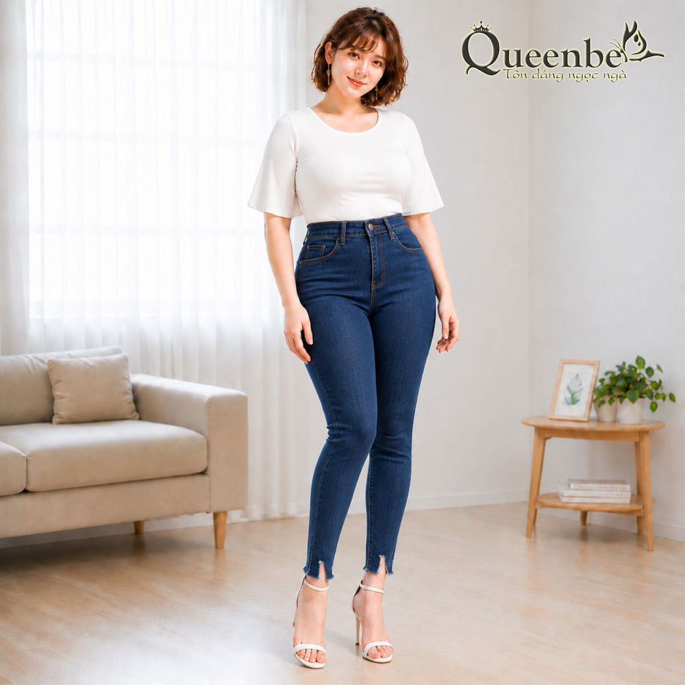 Quần jean nữ đẹp lưng cao phong cách skinny không lai có big size Queenbe GLQ017 jean sợi bông mềm thoáng
