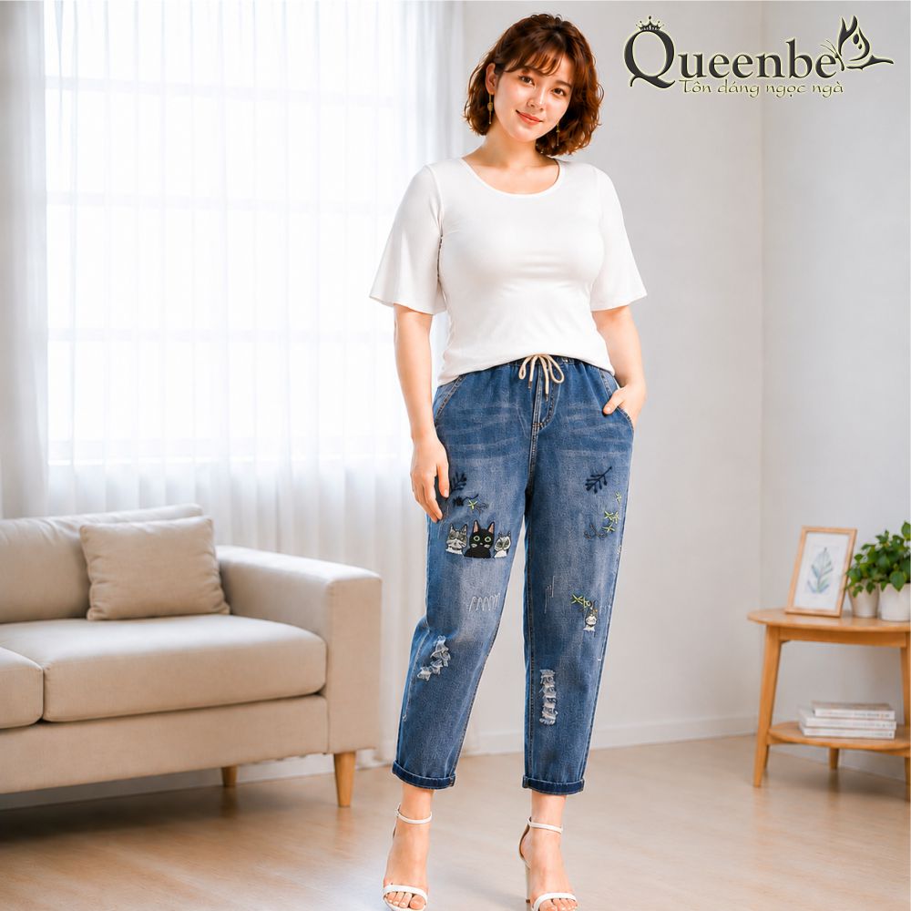 Quần jean nữ kiểu nhật chất cotton mềm có big size Queenbe GLQ133 thêu mèo