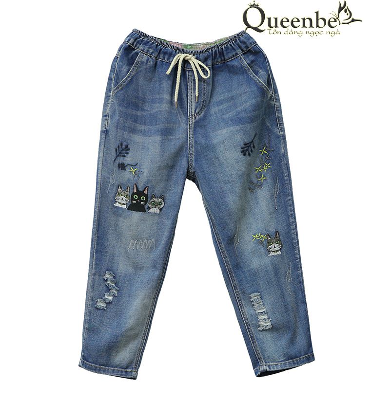 Quần jean nữ kiểu nhật chất cotton mềm có big size Queenbe GLQ133 thêu mèo