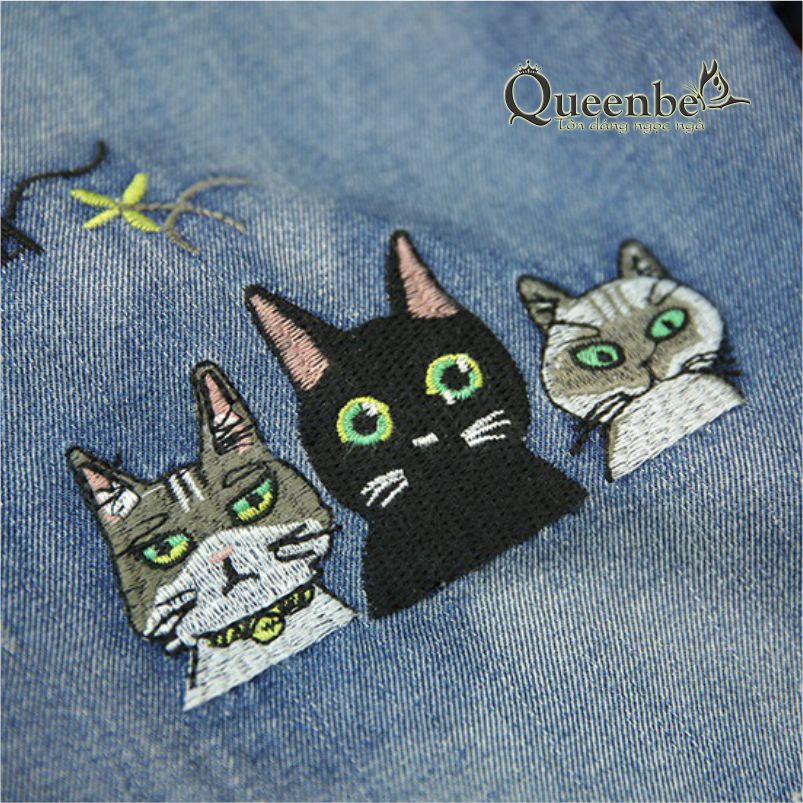 Quần jean nữ kiểu nhật chất cotton mềm có big size Queenbe GLQ133 thêu mèo