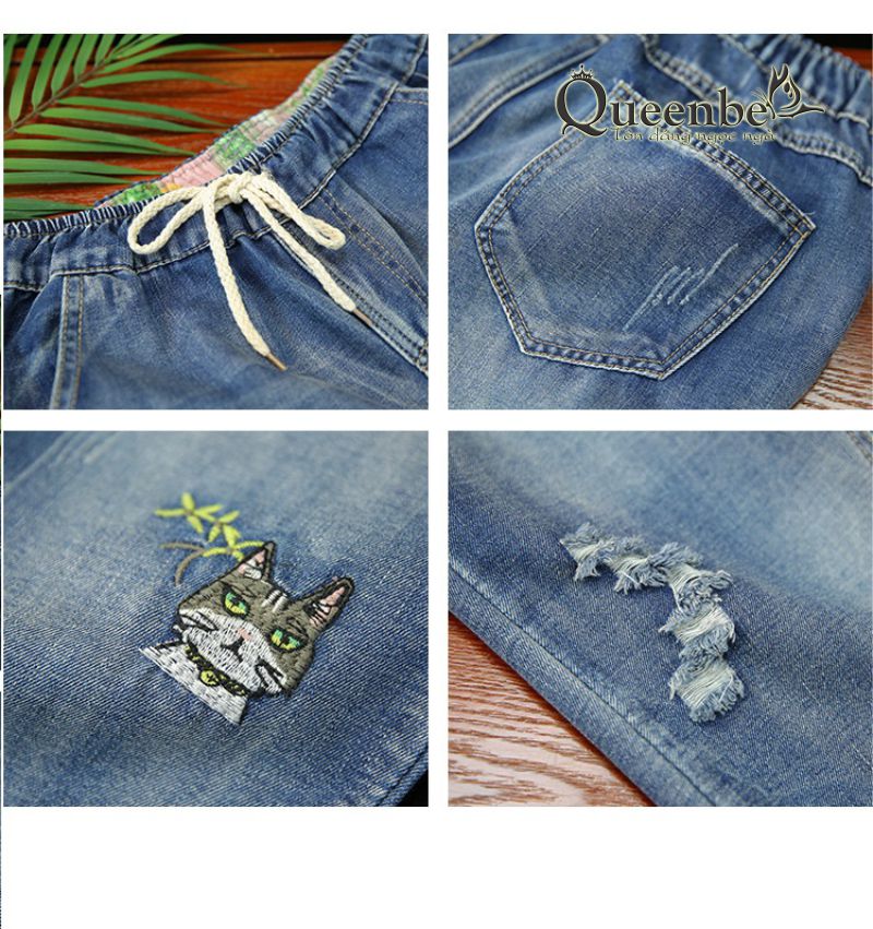 Quần jean nữ kiểu nhật chất cotton mềm có big size Queenbe GLQ133 thêu mèo