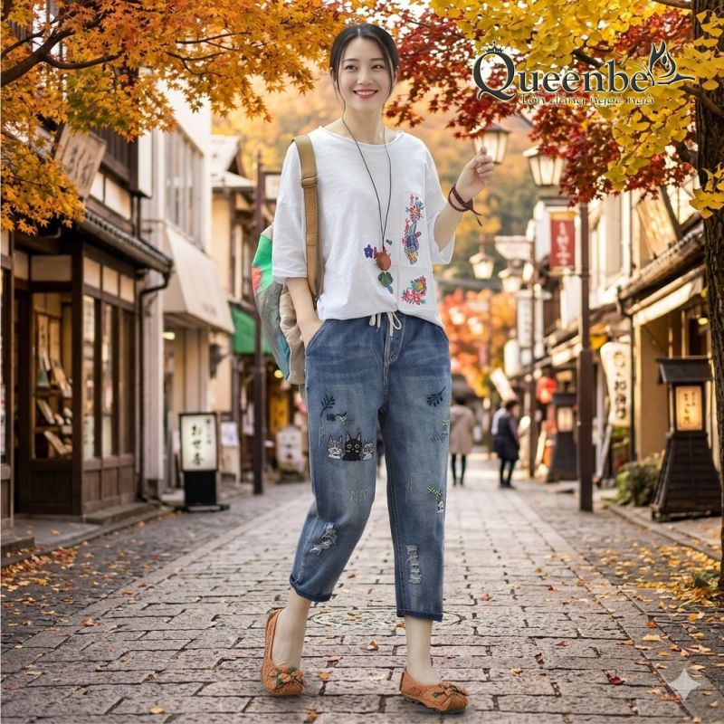 Quần jean nữ kiểu nhật chất cotton mềm có big size Queenbe GLQ133 thêu mèo