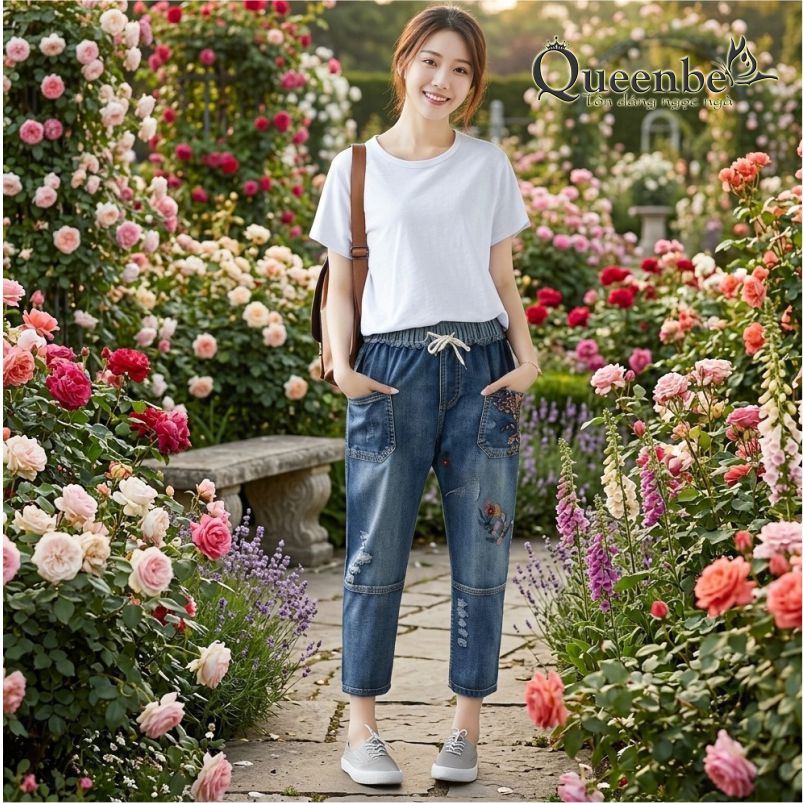 Quần jean nữ kiểu nhật phong cách mộc mạc cotton mềm thêu hoa có big size GLQ122 Queenbe