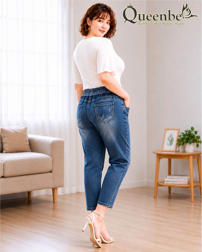 Quần jean nữ kiểu nhật phong cách mộc mạc cotton mềm thêu hoa có big size GLQ122 Queenbe