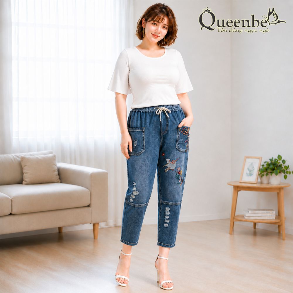 Quần jean nữ kiểu nhật phong cách mộc mạc cotton mềm thêu hoa có big size GLQ122 Queenbe