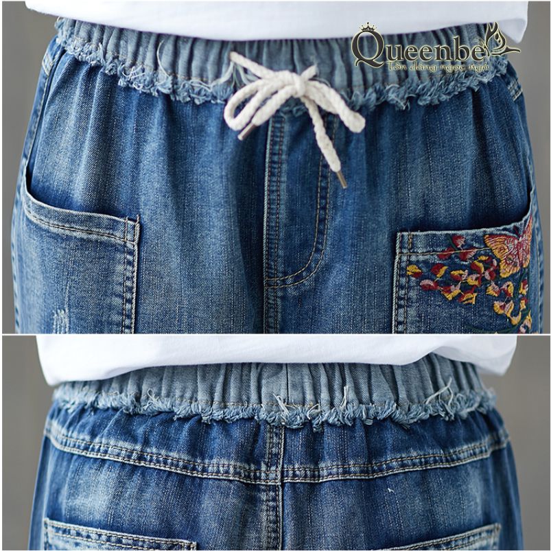 Quần jean nữ kiểu nhật phong cách mộc mạc cotton mềm thêu hoa có big size GLQ122 Queenbe