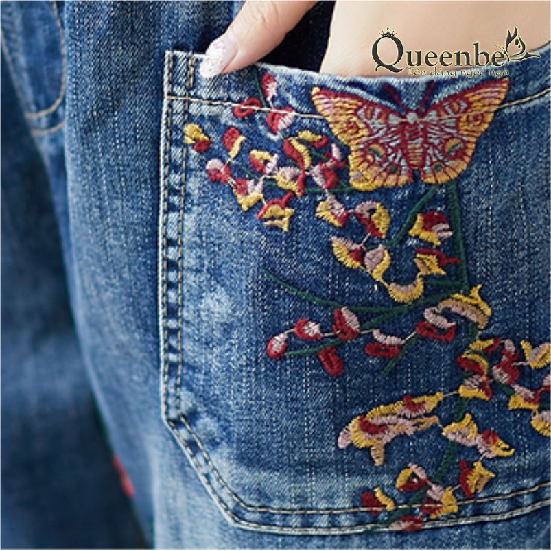 Quần jean nữ kiểu nhật phong cách mộc mạc cotton mềm thêu hoa có big size GLQ122 Queenbe