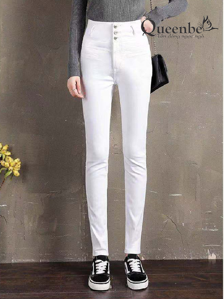 Quần jean nữ lưng cao Queenbe GLQ171 dáng ôm nhiều nút vải jean cotton màu trắng co giãn