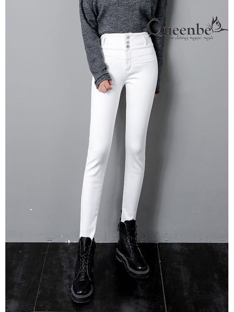 Quần jean nữ lưng cao Queenbe GLQ171 dáng ôm nhiều nút vải jean cotton màu trắng co giãn