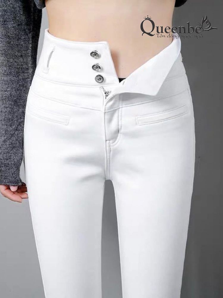 Quần jean nữ lưng cao Queenbe GLQ171 dáng ôm nhiều nút vải jean cotton màu trắng co giãn