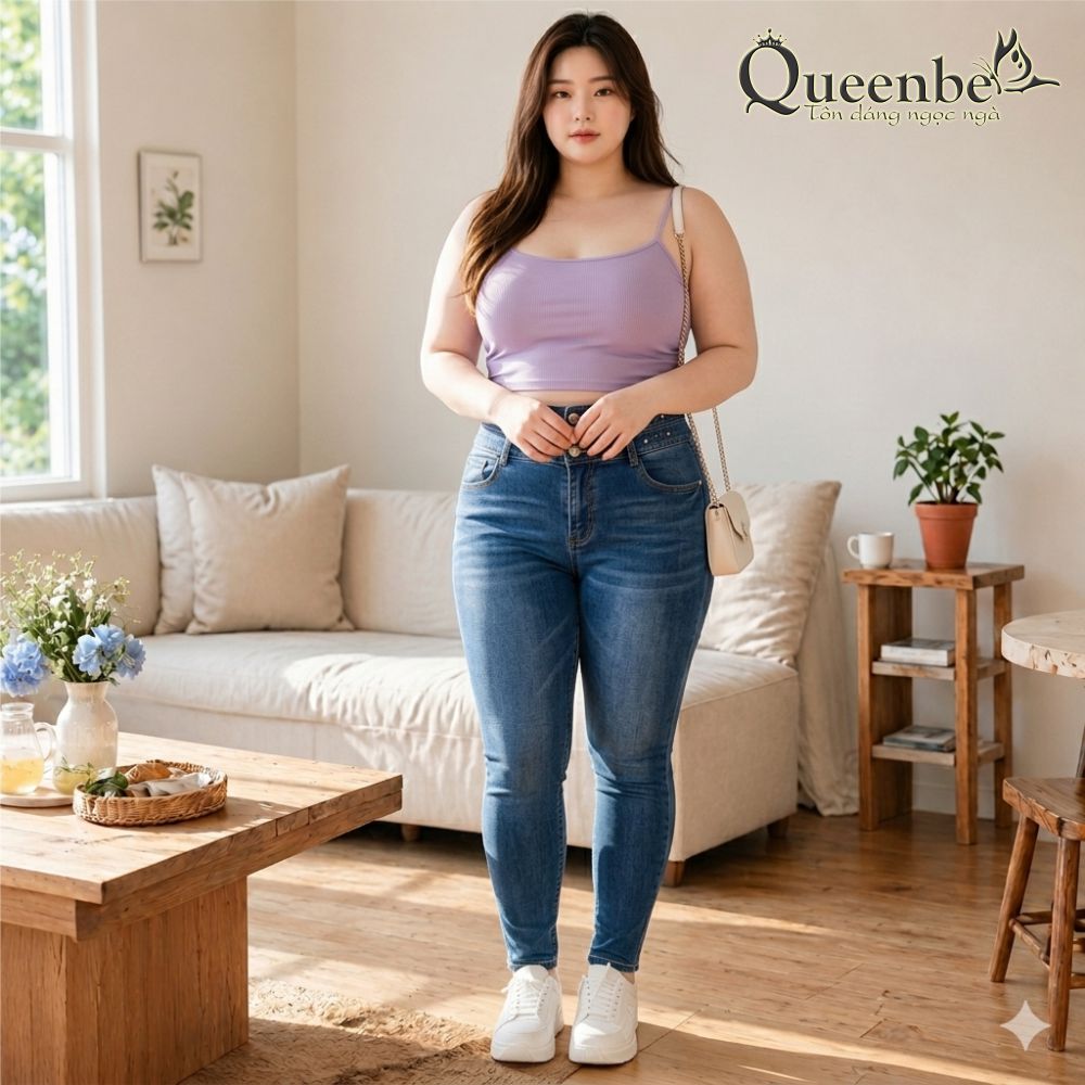 Quần jean nữ lưng cao big size 3 nút Queenbe GLQ111 jean từ sợi bông mềm, thoáng, co giãn tốt