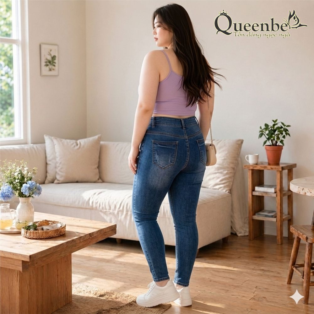 Quần jean nữ lưng cao big size 3 nút Queenbe GLQ111 jean từ sợi bông mềm, thoáng, co giãn tốt