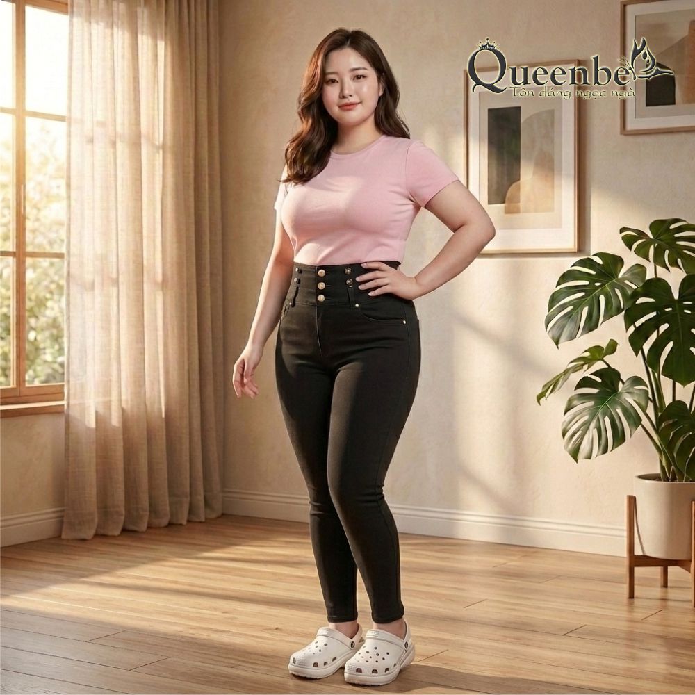 Quần jean nữ lưng cao co giãn nhiều nút có big size Queenbe GLQ170 vải jean gốc sợi bông thoáng và thấm hút tốt