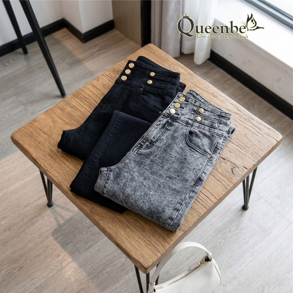 Quần jean nữ lưng cao co giãn nhiều nút có big size Queenbe GLQ170 vải jean gốc sợi bông thoáng và thấm hút tốt