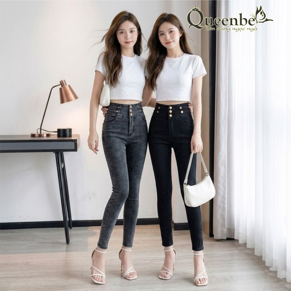 Quần jean nữ lưng cao co giãn nhiều nút có big size Queenbe GLQ170 vải jean gốc sợi bông thoáng và thấm hút tốt