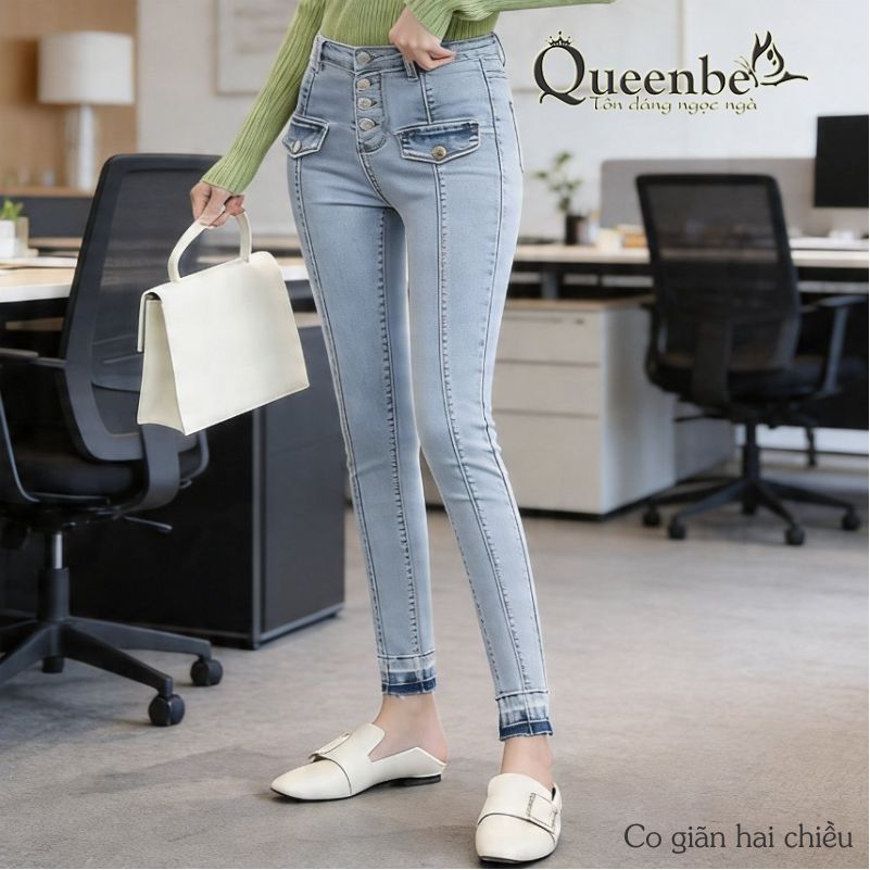 Quần jean nữ lưng cao dáng ôm Queenbe GLQ118 vải jean cotton co giãn, bền màu