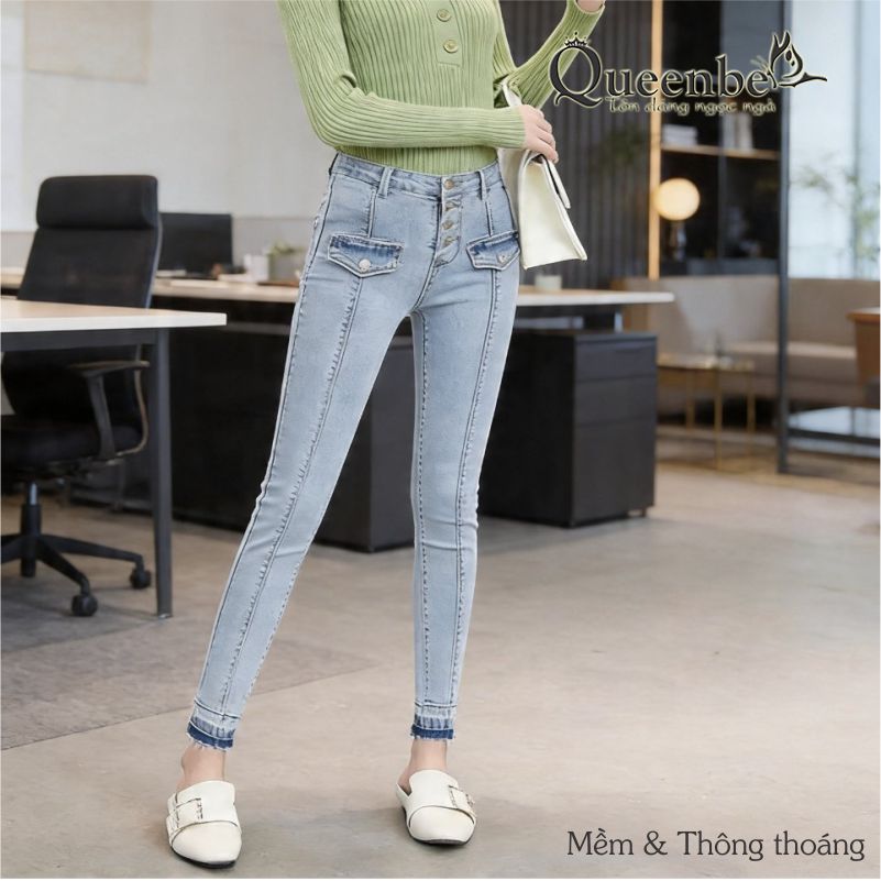 Quần jean nữ lưng cao dáng ôm Queenbe GLQ118 vải jean cotton co giãn, bền màu