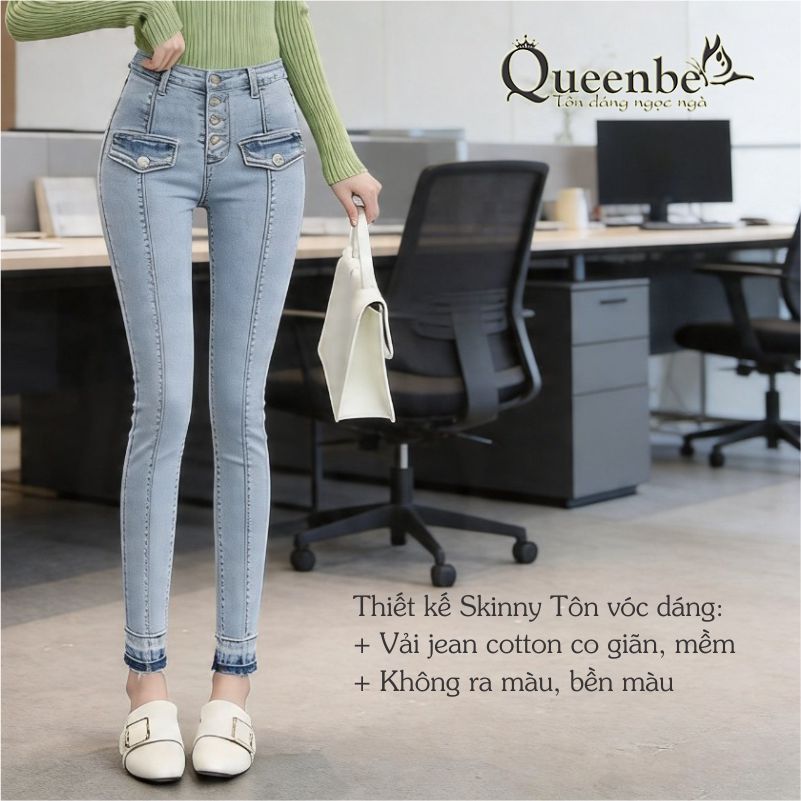 Quần jean nữ lưng cao dáng ôm Queenbe GLQ118 vải jean cotton co giãn, bền màu