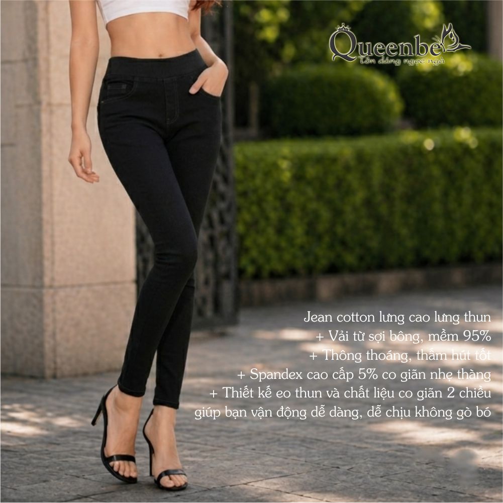 Quần jean nữ lưng cao lưng thun có big size Queenbe GLQ009 vải jean cotton co giãn, mềm thoáng, thấm hút mồ hôi tốt