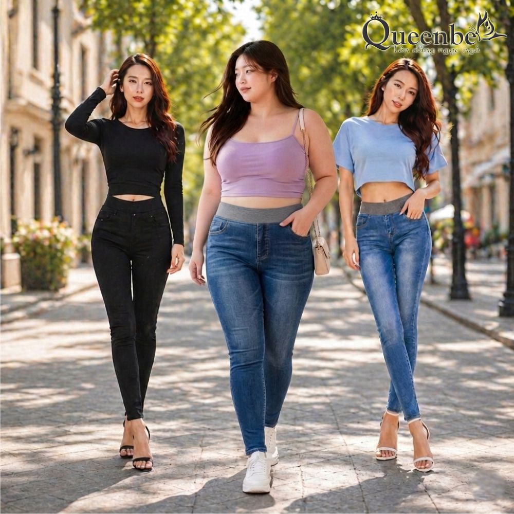 Quần jean nữ lưng cao lưng thun có big size Queenbe GLQ009 vải jean cotton co giãn, mềm thoáng, thấm hút mồ hôi tốt