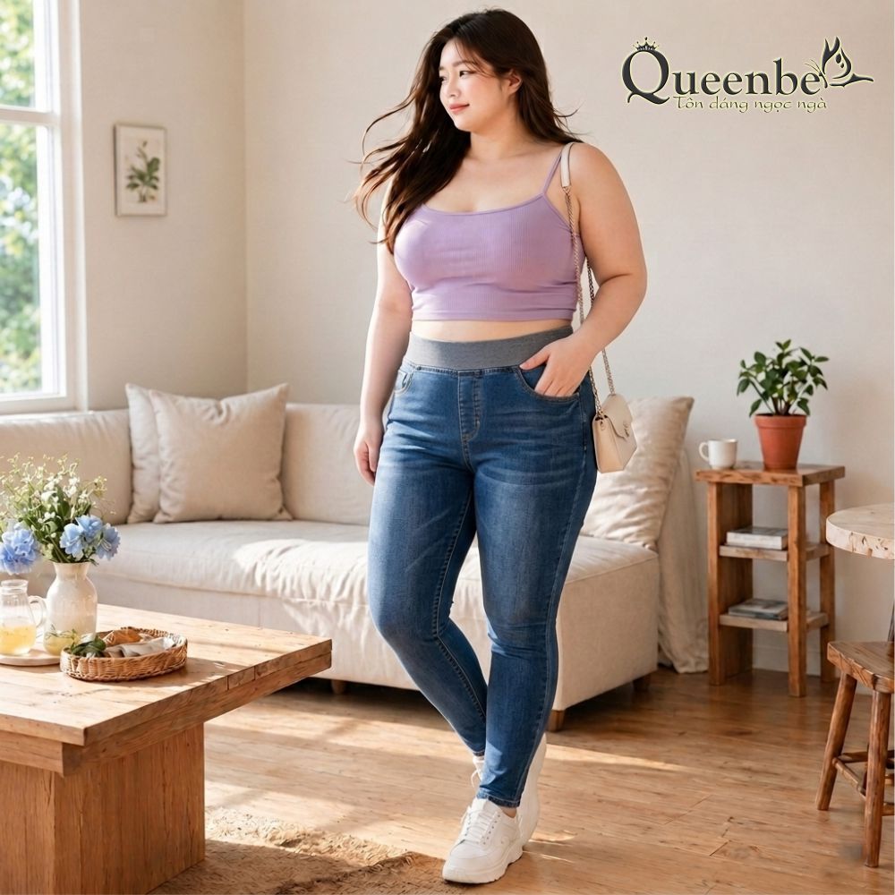 Quần jean nữ lưng cao lưng thun có big size Queenbe GLQ009 vải jean cotton co giãn, mềm thoáng, thấm hút mồ hôi tốt