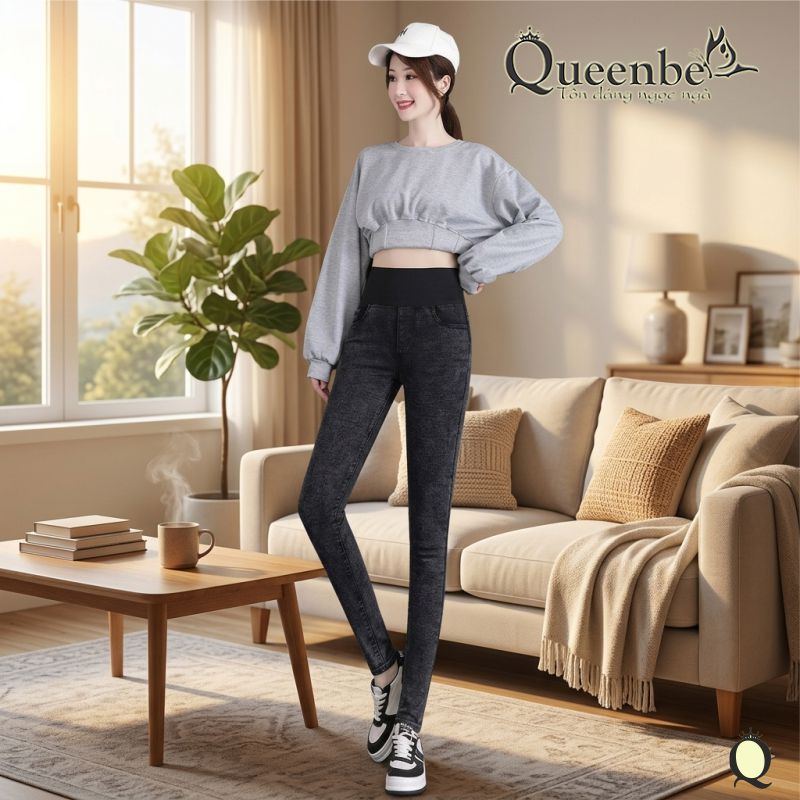 Quần jean nữ lưng cao lưng thun bản lớn có big size Queenbe GLQ160 vải jean cotton co giãn