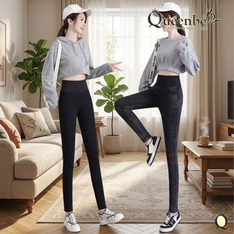 Quần jean nữ lưng cao lưng thun bản lớn có big size Queenbe GLQ160 vải jean cotton co giãn