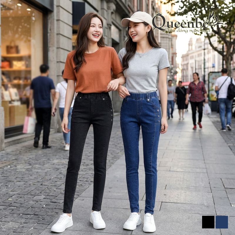 Quần jean nữ lưng cao lưng thun dáng ôm có big size Queenbe GLQ162 Jean cotton co giãn 2 chiều, bền màu, M-4XL