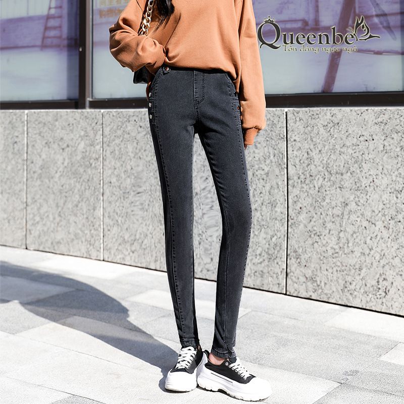 Quần jean nữ lưng cao lưng thun dáng ôm có big size Queenbe GLQ162 Jean cotton co giãn 2 chiều, bền màu, M-4XL