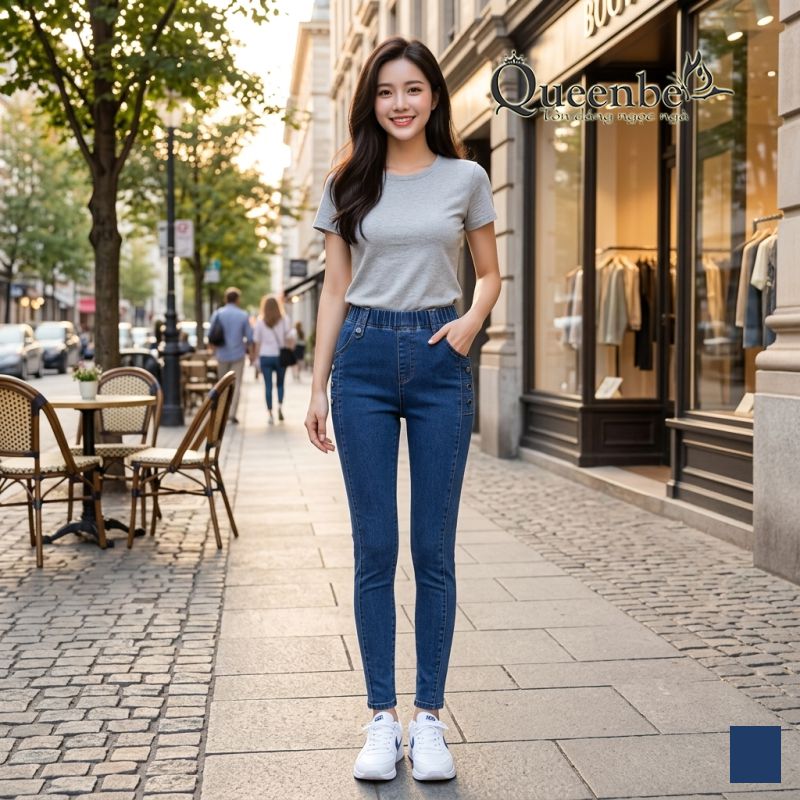 Quần jean nữ lưng cao lưng thun dáng ôm có big size Queenbe GLQ162 Jean cotton co giãn 2 chiều, bền màu, M-4XL
