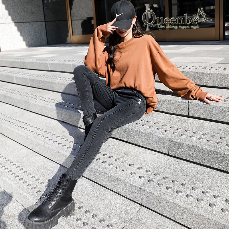 Quần jean nữ lưng cao lưng thun dáng ôm có big size Queenbe GLQ162 Jean cotton co giãn 2 chiều, bền màu, M-4XL