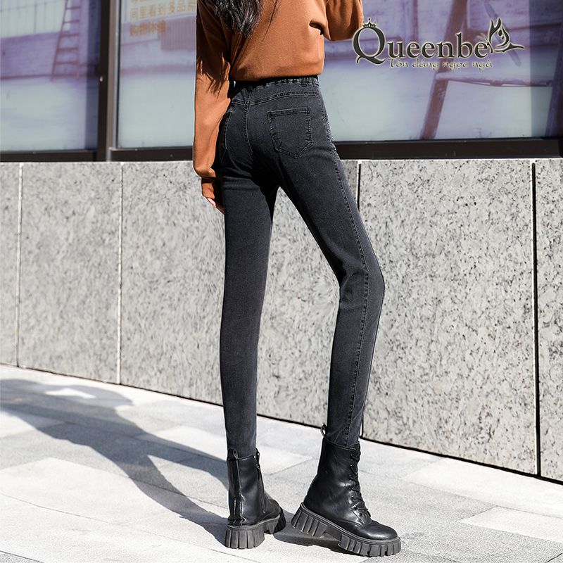 Quần jean nữ lưng cao lưng thun dáng ôm có big size Queenbe GLQ162 Jean cotton co giãn 2 chiều, bền màu, M-4XL