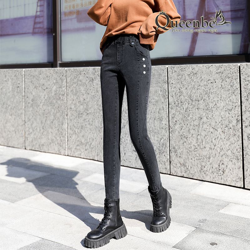 Quần jean nữ lưng cao lưng thun dáng ôm có big size Queenbe GLQ162 Jean cotton co giãn 2 chiều, bền màu, M-4XL