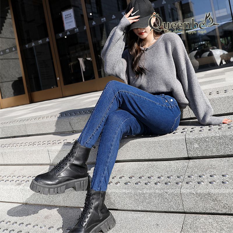 Quần jean nữ lưng cao lưng thun dáng ôm có big size Queenbe GLQ162 Jean cotton co giãn 2 chiều, bền màu, M-4XL